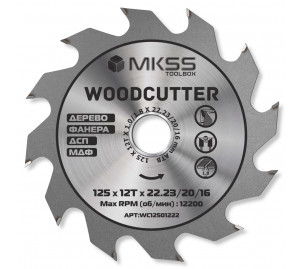 WC1250 Диск пильный по дереву 125х12Тх22,23/20/16 мм Woodcutter MKSS WC1250 Диск пильный по дереву 125х12Тх22,23/20/16 мм Woodcutter MKSS